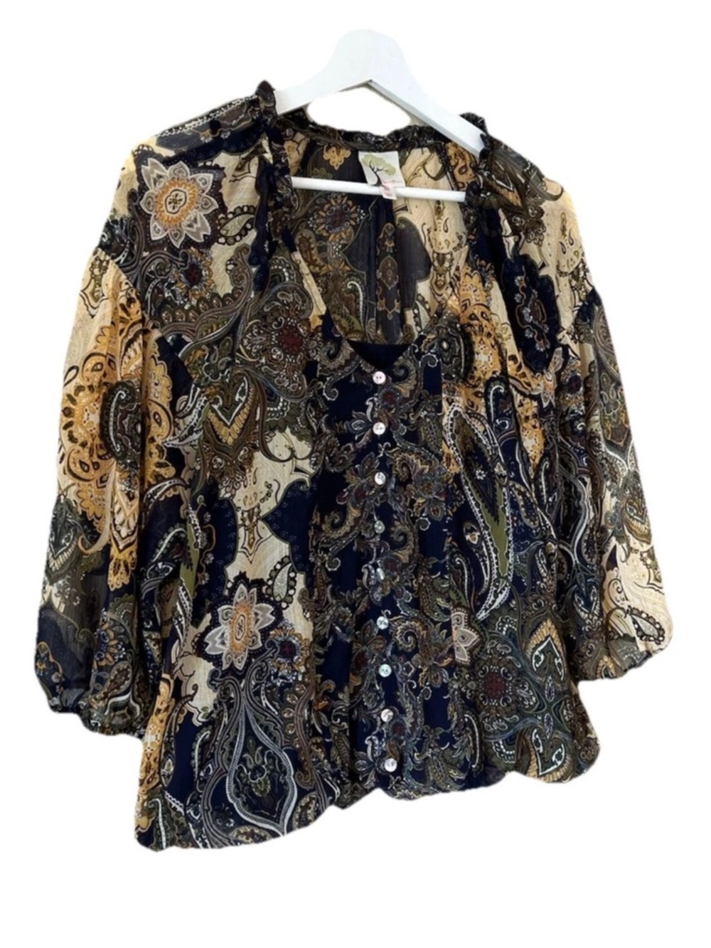 Fig and Flower Loned Sheer Paisley Button-Front Blouse - Navy & Cream Size M - Picture 2 of 8